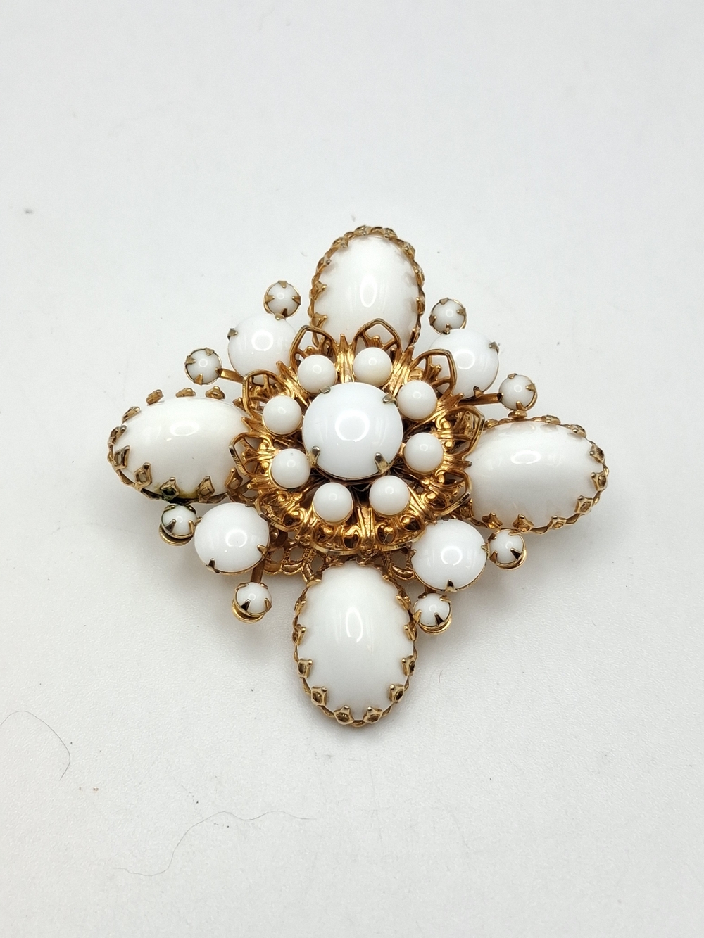 Vintage White Milk Glass Cabochon Floral Brooch - Gold Tone